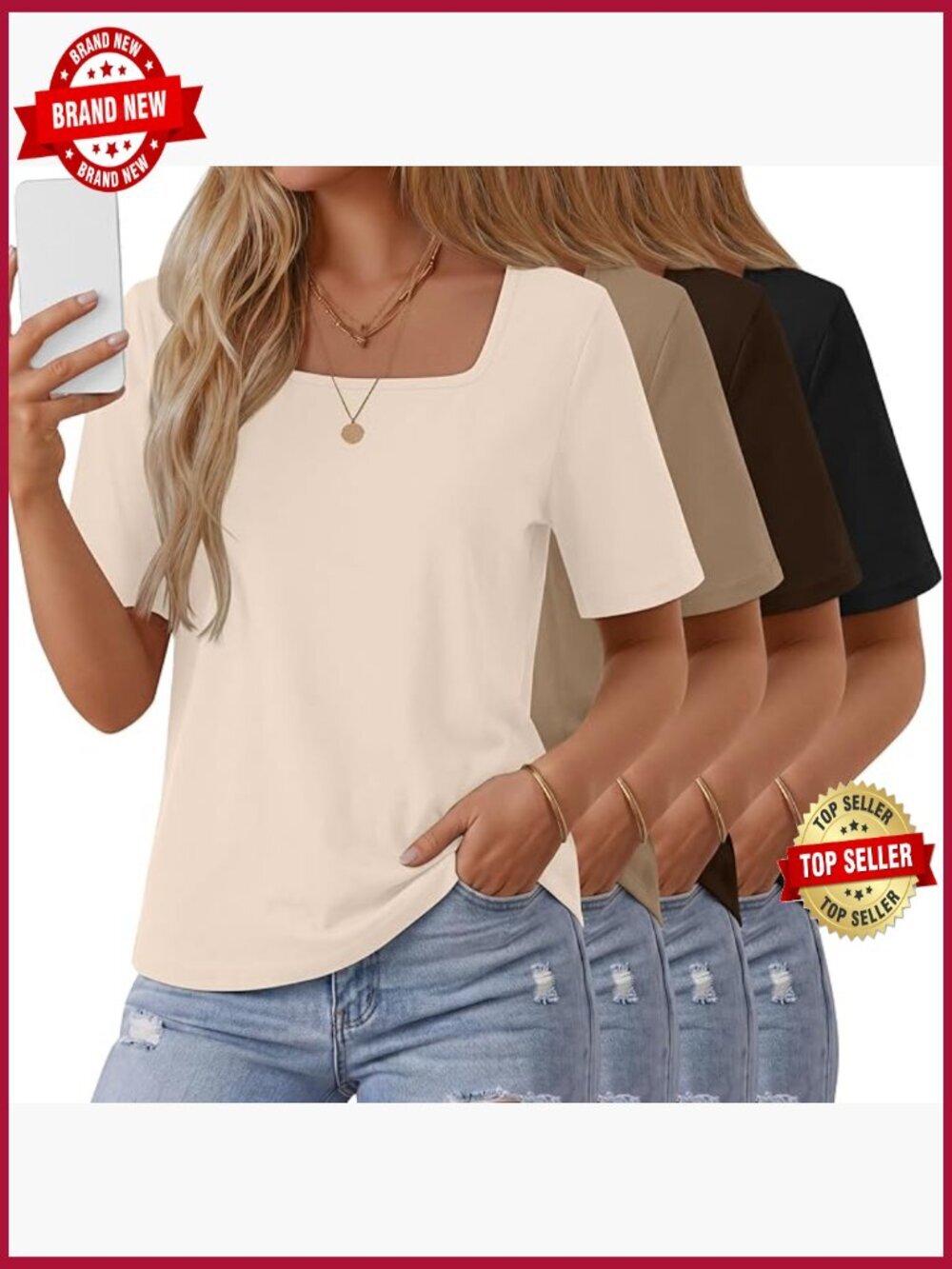 4 Pack Women's Half Sleeve Square Neck Loose Fit Tees
